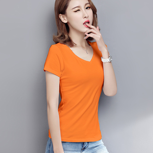 橘色T恤女短袖短款修身鸡心领桔红色v领体恤女士上衣紧身收腰纯色