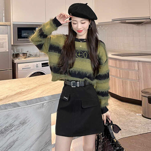 轻熟风复古条纹针织毛衣搭显瘦半身短裙两件套 女2025新款 秋季 套装