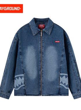 SprayGround鲨鱼嘴水洗复古牛仔外套男2026春季新款潮牌拉链外套