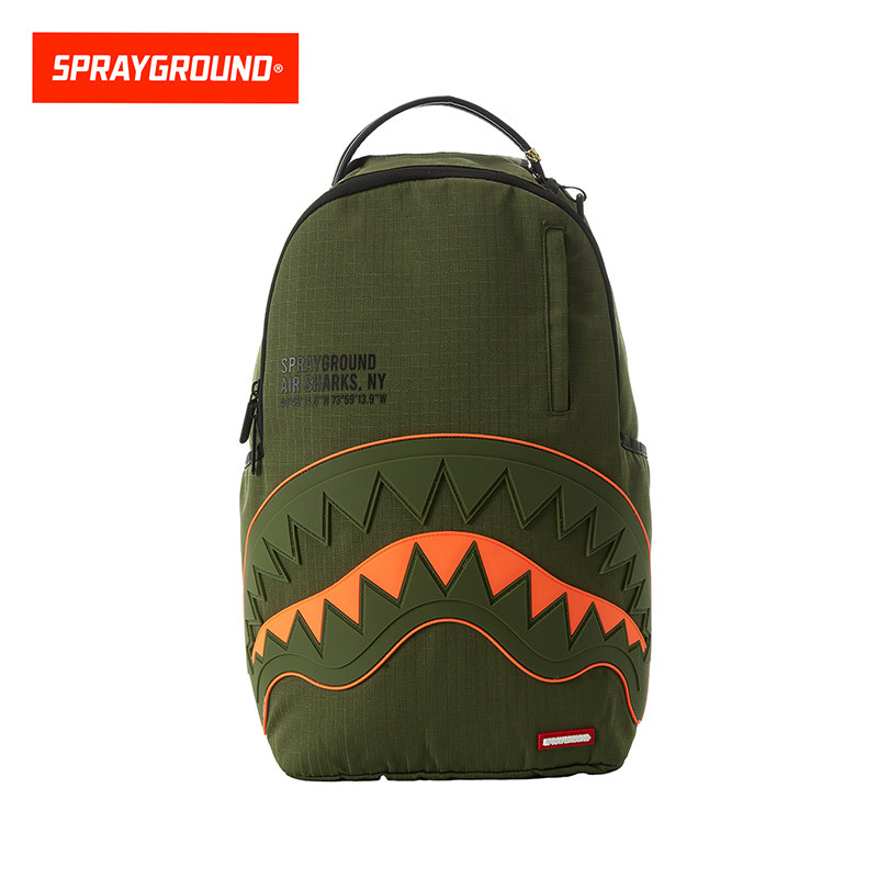 SprayGround鲨鱼嘴军绿色双肩背包男大容量户外旅行学生电脑书包