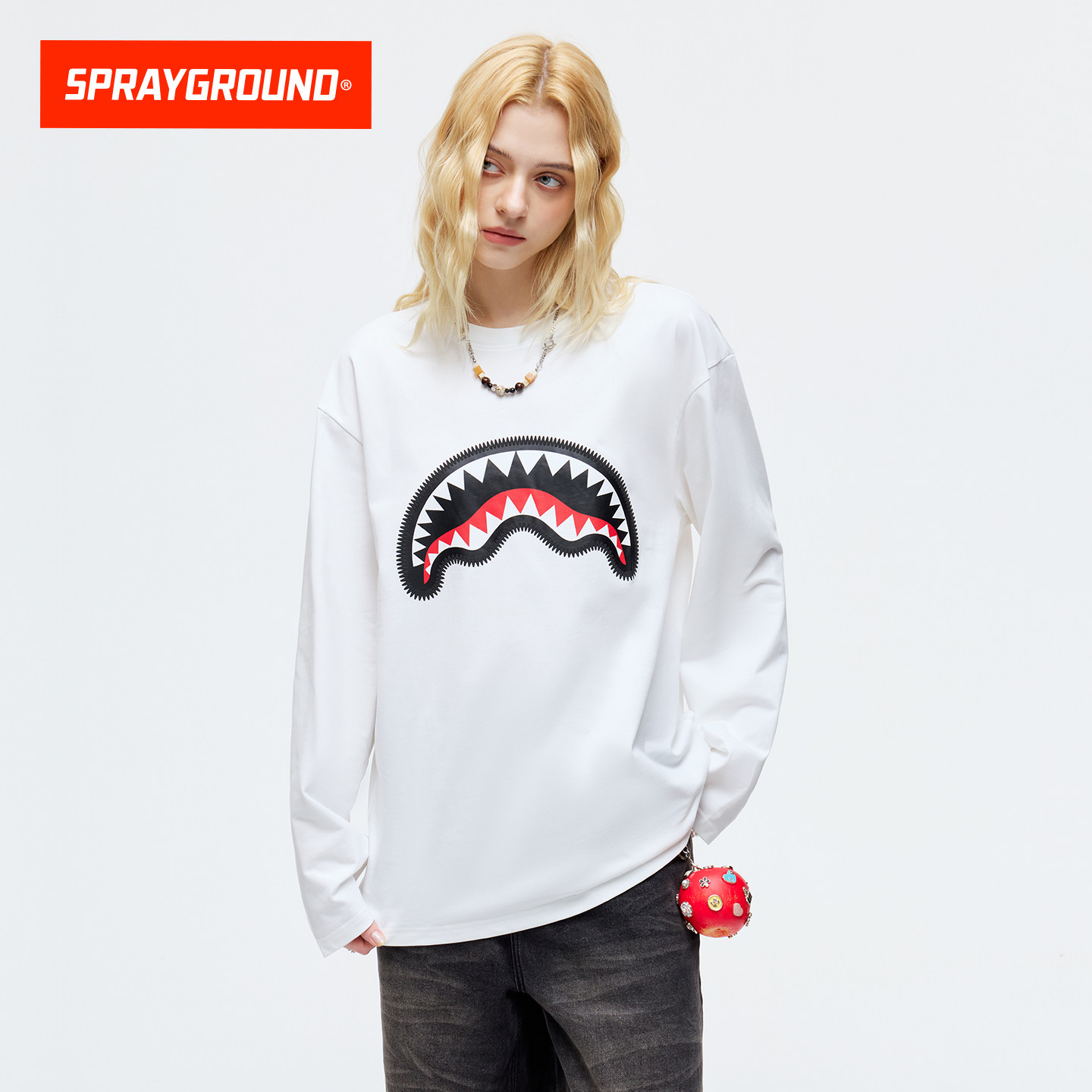 SprayGround鲨鱼嘴基础款纯棉长袖T恤男女圆领内搭打底体恤上衣潮,男装,T恤,淘宝优惠券,粉丝福利购,淘宝优惠卷