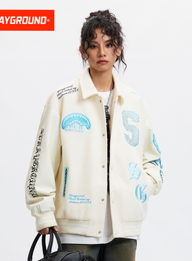 SprayGround鲨鱼嘴美式刺绣翻领棒球服夹克男女加绒加厚保暖外套