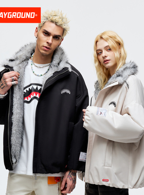 SprayGround鲨鱼嘴座山雕加绒加厚立领棉服男美式潮牌保暖外套冬