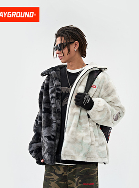 SprayGround2025冬季鲨鱼嘴毛绒棉服外套男连帽保暖高领拼接棉衣