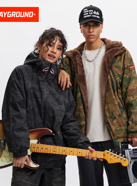 SprayGround鲨鱼嘴三拉链迷彩连帽夹克男秋冬加绒加厚保暖外套潮