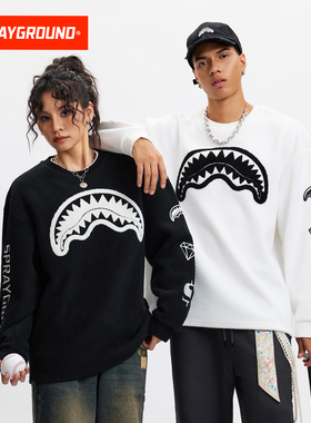 SprayGround鲨鱼嘴毛绒套头卫衣男女秋冬潮流宽松圆领毛巾绣上衣