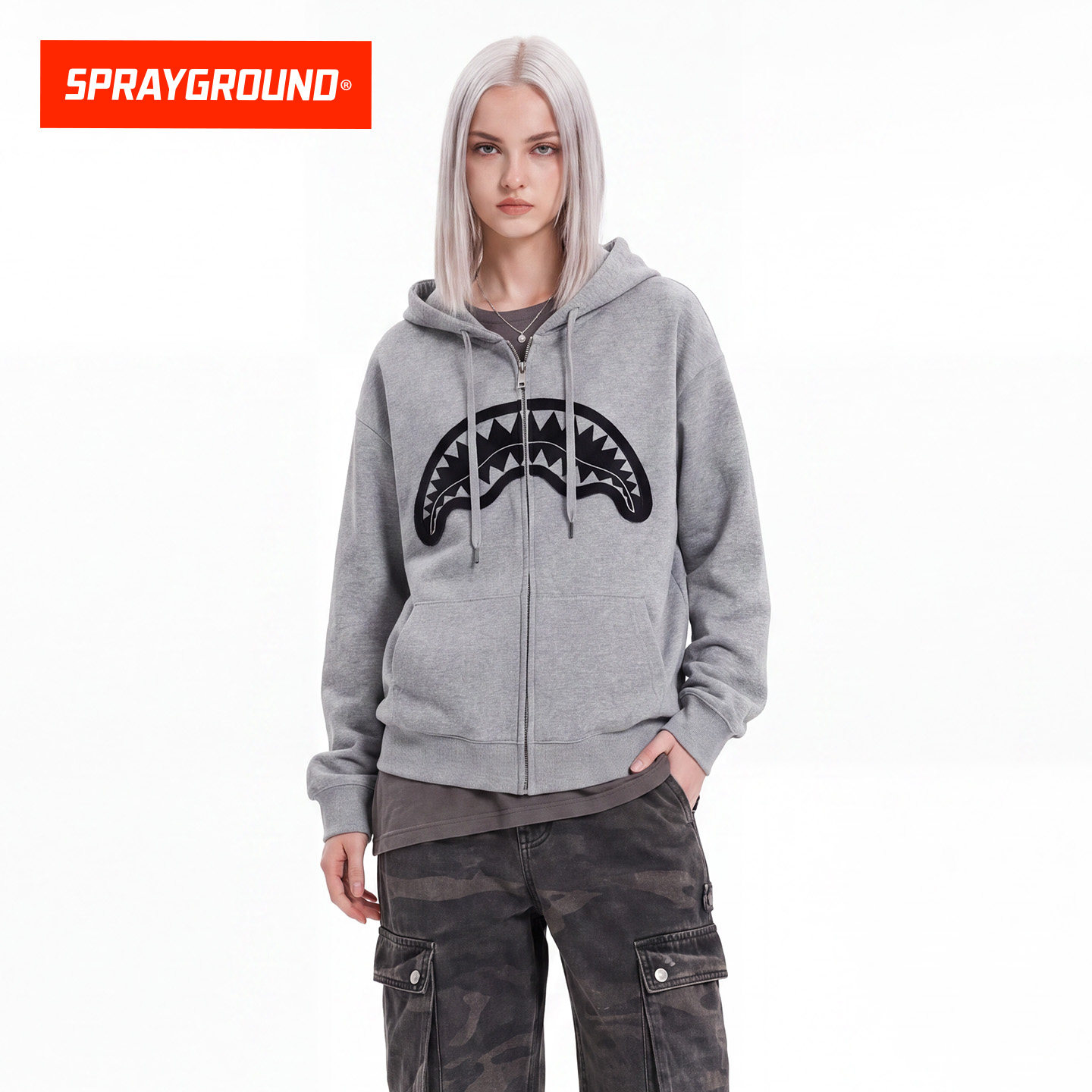 SprayGround鲨鱼嘴贴布连帽开衫卫衣男女秋季美式宽松情侣款外套