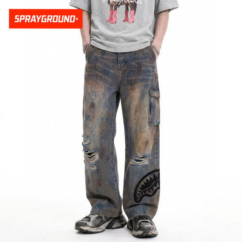 SprayGround鲨鱼嘴破洞牛仔长裤