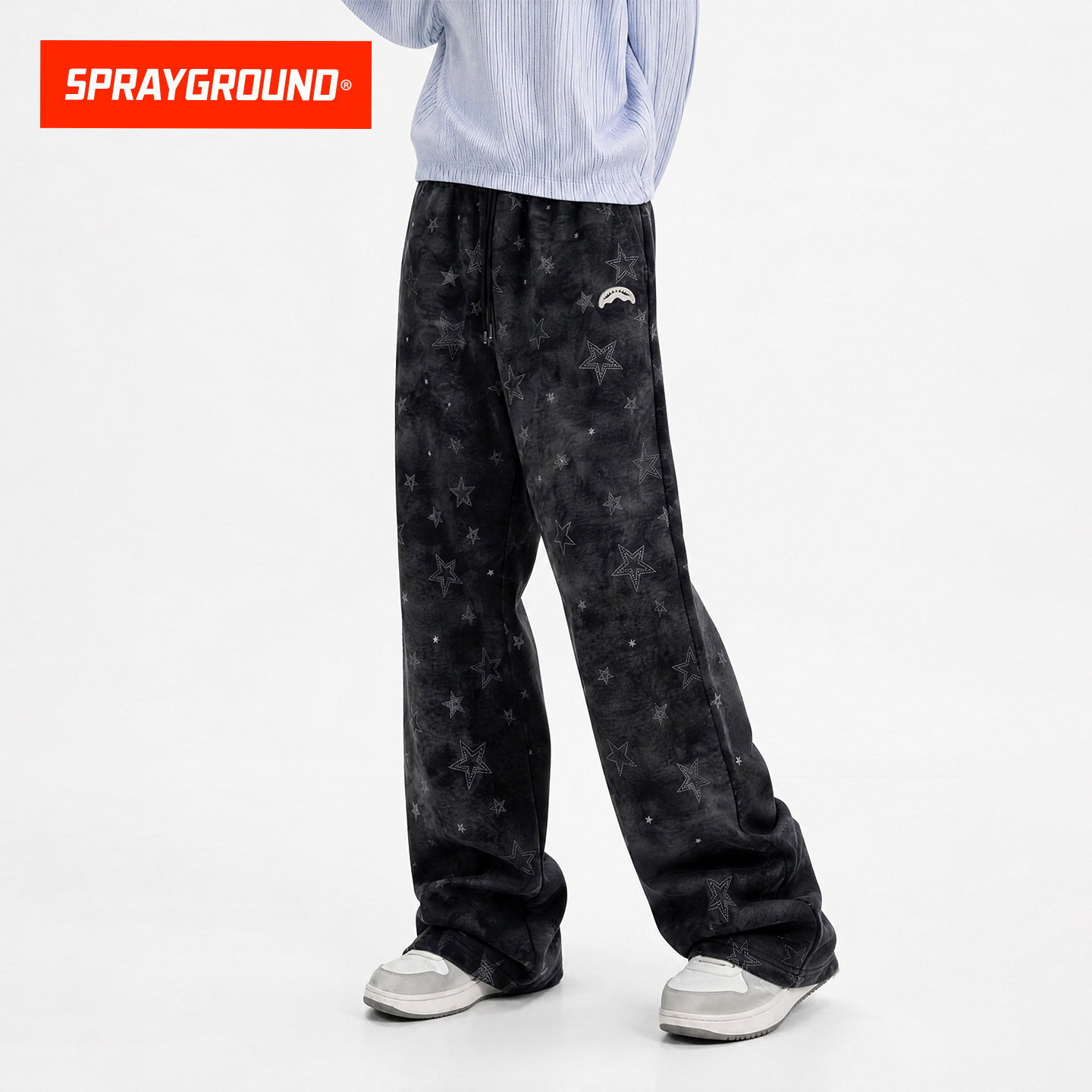 SprayGround鲨鱼嘴水洗做旧星星满印卫裤男秋季复古休闲直筒长裤