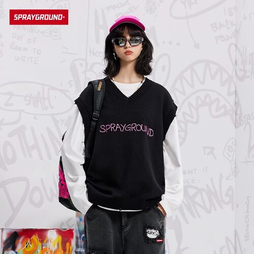 SprayGround鲨鱼嘴2025春秋新款字母刺绣外传无袖针织马甲男女潮