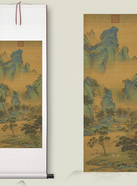 仇英《春山吟赏图》客厅中堂山水挂画玄关茶室书房装饰画国画高清