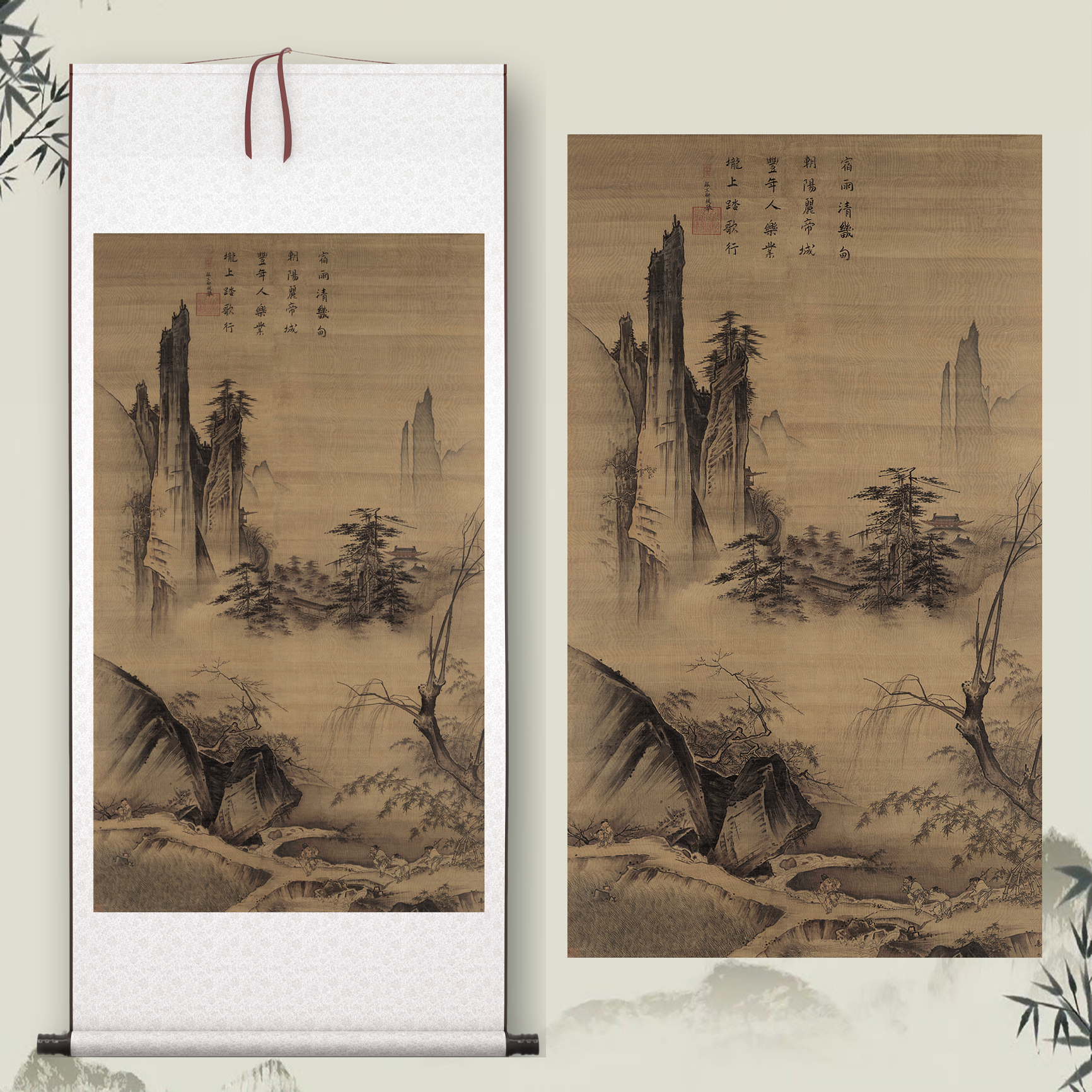 马远《踏歌图》中式客厅中堂挂画玄关茶室山水风景装饰画高清
