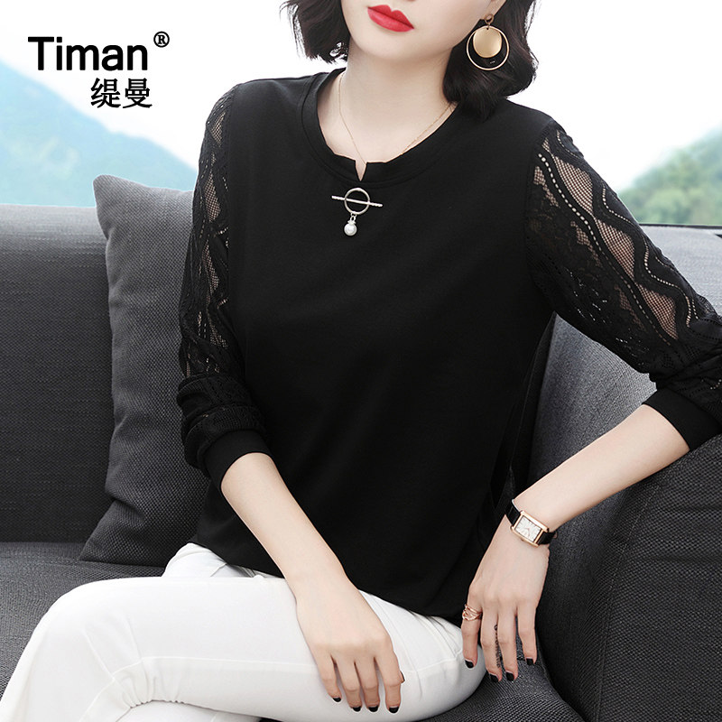 2020秋装新款上衣春秋女士中年妈妈长袖t恤女蕾丝女装小衫洋气秋