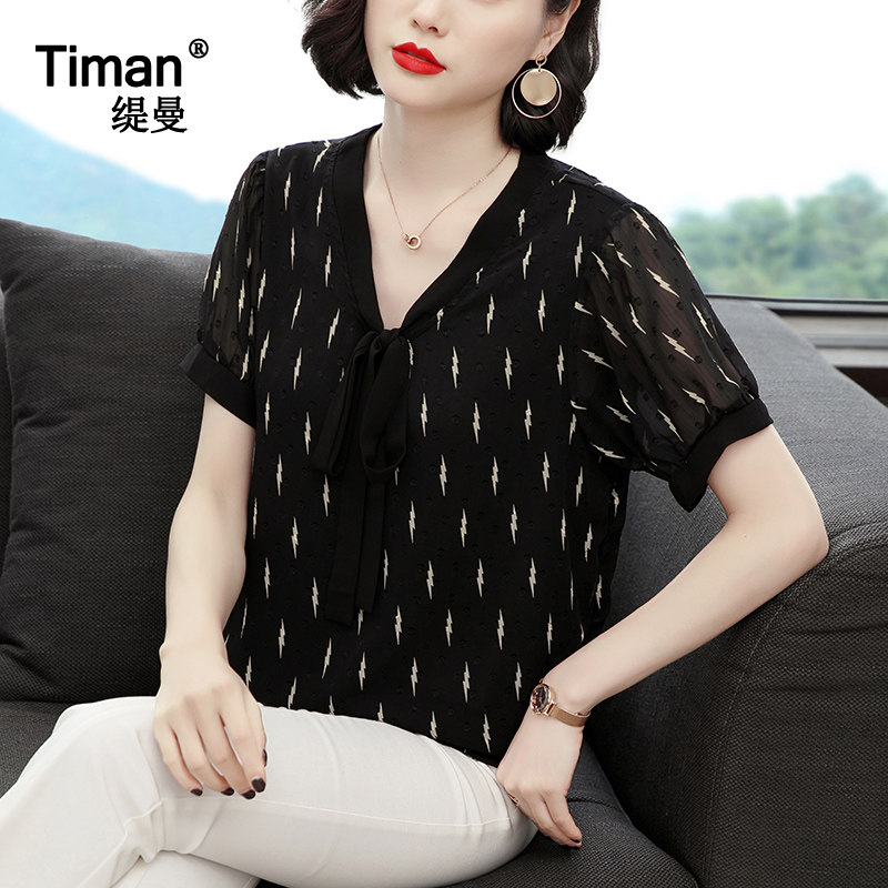 短袖雪纺衫女2020夏装新款年蕾丝上衣中年妈妈遮肚洋气小衫雪纺夏