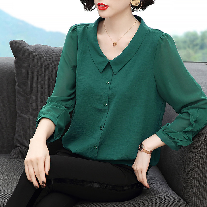 雪纺衫女2020秋装新款年长袖衬衫秋洋气雪纺女士上衣中年妈妈衬衣
