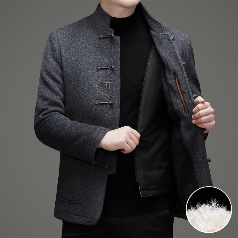 冬季中国风高端立领中山装外套男士加厚保暖盘扣唐装可脱卸羽绒服