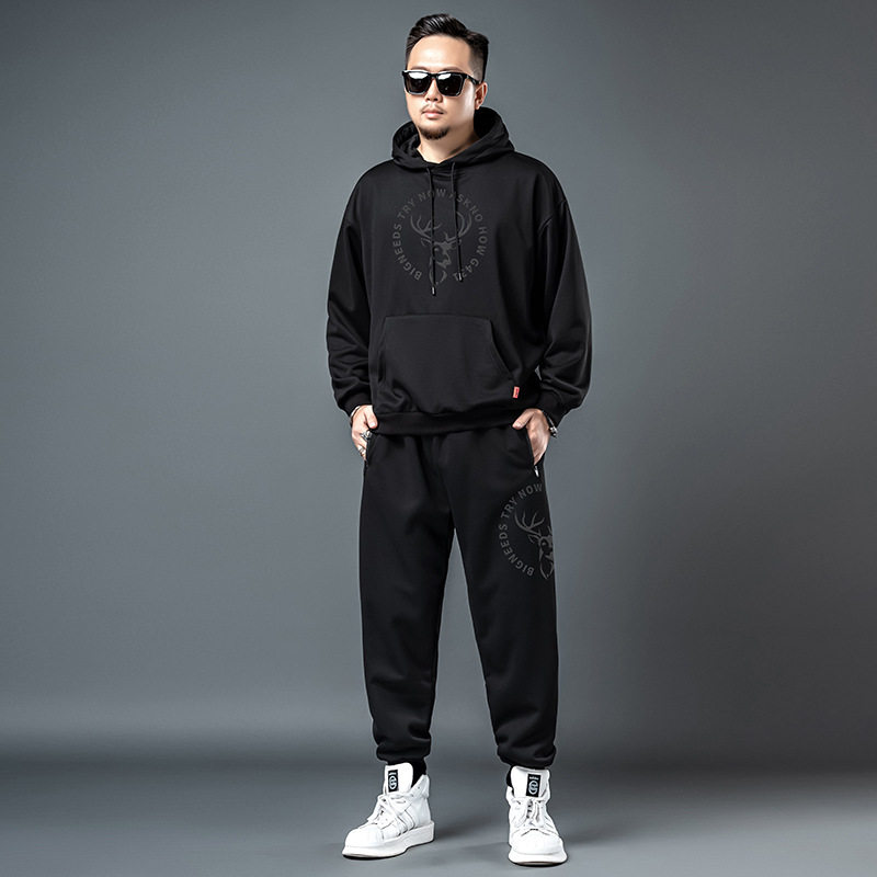 春秋季胖子运动套装男装加肥加大码卫衣休闲套头连帽肥佬运动服潮