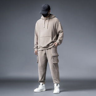 潮牌胖子宽松t恤秋装 新款 长裤 男加肥大码 街头 欧棉绒重磅卫衣套装