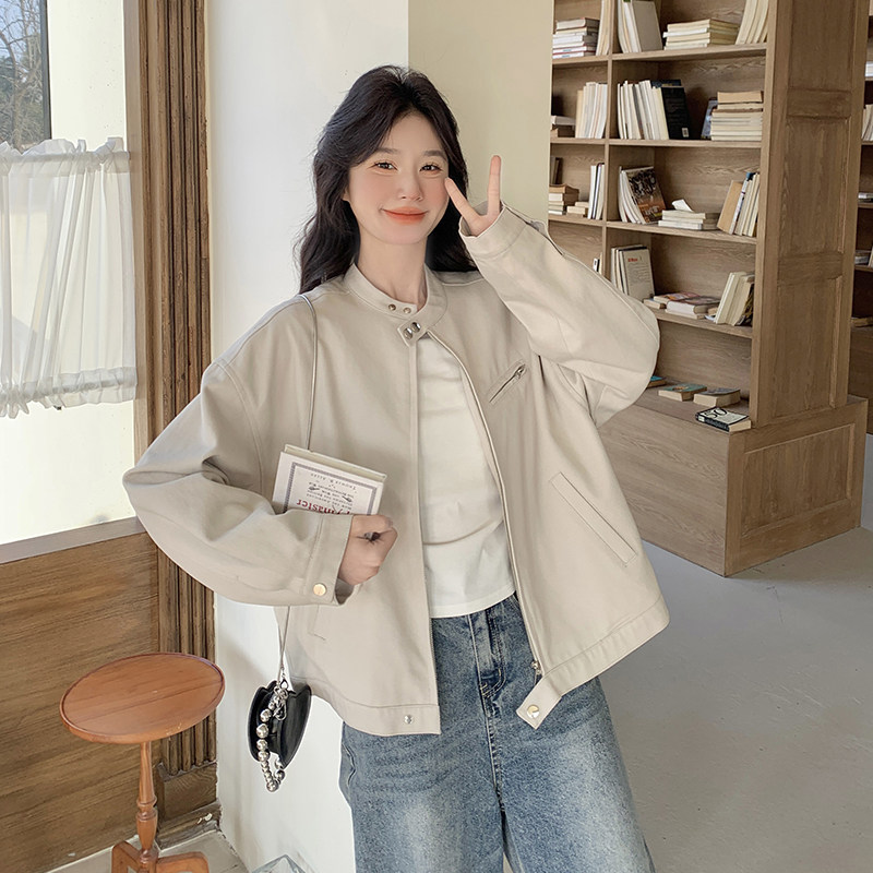 高级感米白色外套女2025春季新款美式复古小个子百搭短款机车夹克,女装短外套,浙宝152