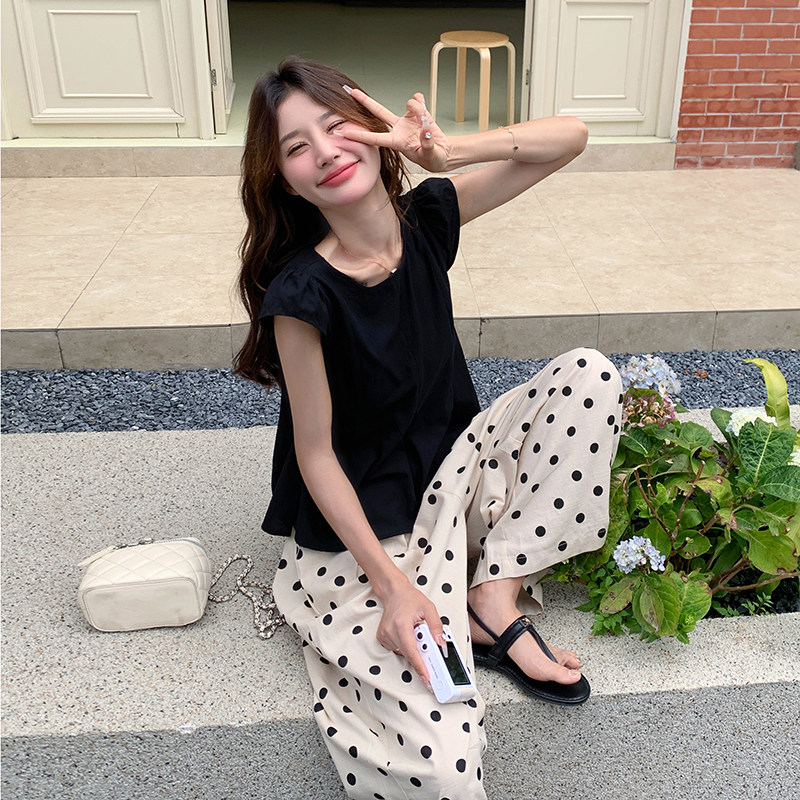 韩系少女感减龄套装女2025夏季新款小飞袖上衣波点阔腿裤两件套潮,女装套装/套裙,浙宝152