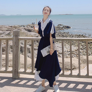 赫本风长款撞色A字裙休闲风连衣裙夏季法式中长裙显瘦气质小个子图片