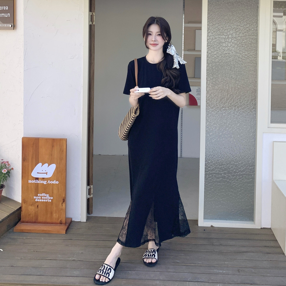 法式高级感黑色蕾丝拼接短袖连衣裙女2025夏季新款气质显瘦鱼尾裙,女装连衣裙,浙宝152