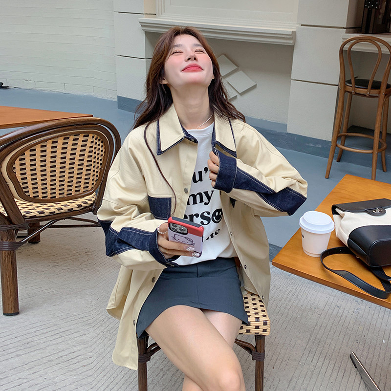设计感牛仔拼接衬衫外套女2025新款美式oversize男友风开春上衣潮,女装衬衫,浙宝152