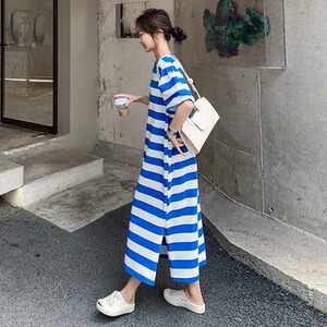 韩系简约休闲条纹T恤连衣裙女2025夏季新款设计感时髦小个子长裙