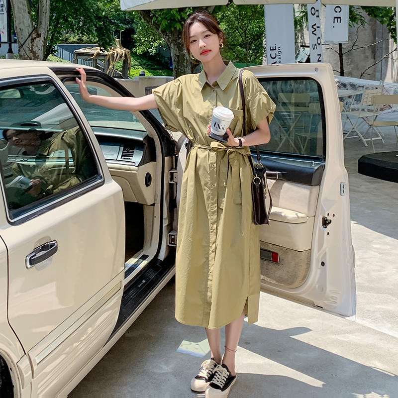 韩版卡其色衬衫连衣裙女夏2025年新款宽松高级感收腰显瘦别致裙子图片
