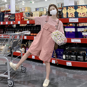粉色炸街减龄背带裤套装女夏2025新款韩系波点上衣阔腿短裤两件套