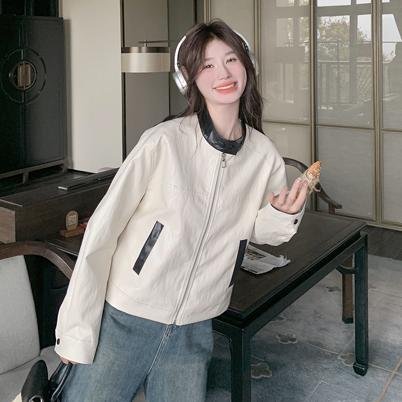 黑白撞色pu皮衣外套女2025春季新款港风又酷又飒小个子夹克上衣潮，女装短外套，浙宝152