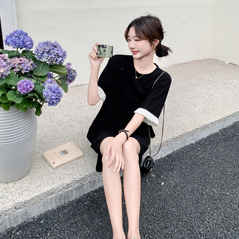 韩版时尚简约黑色连衣裙女夏2025新款小个子显瘦气质高级感T恤裙,女装连衣裙,浙宝152