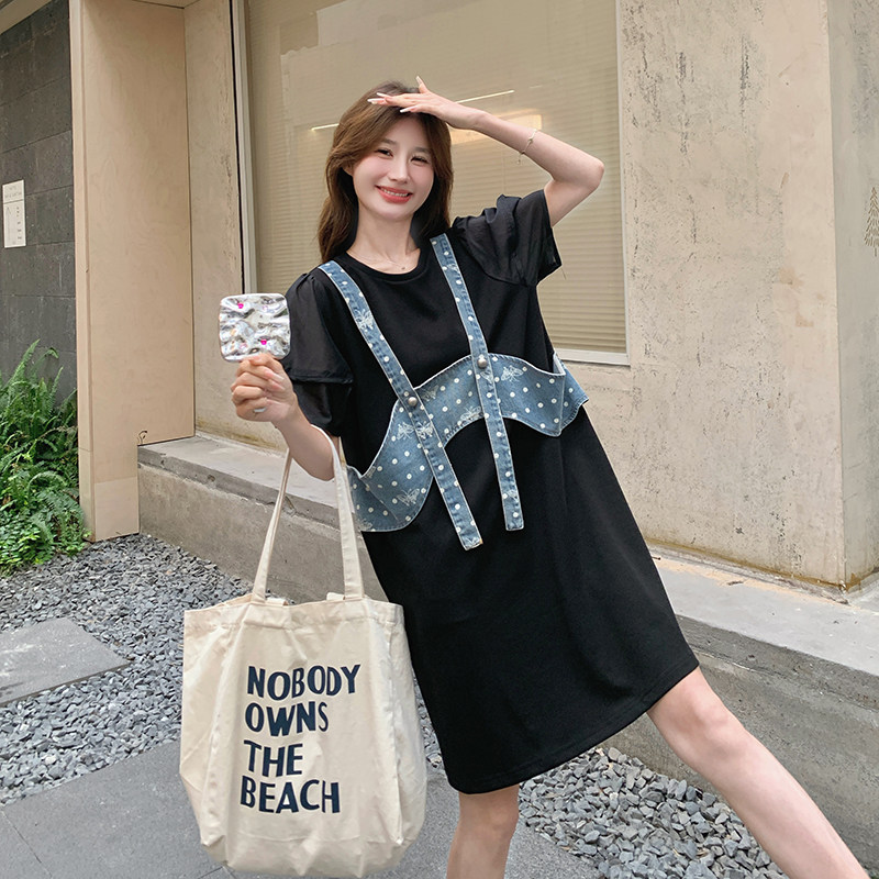 休闲宽松黑色t恤连衣裙女夏2025年新款牛仔小吊带裙子假两件套装,女装连衣裙,浙宝152