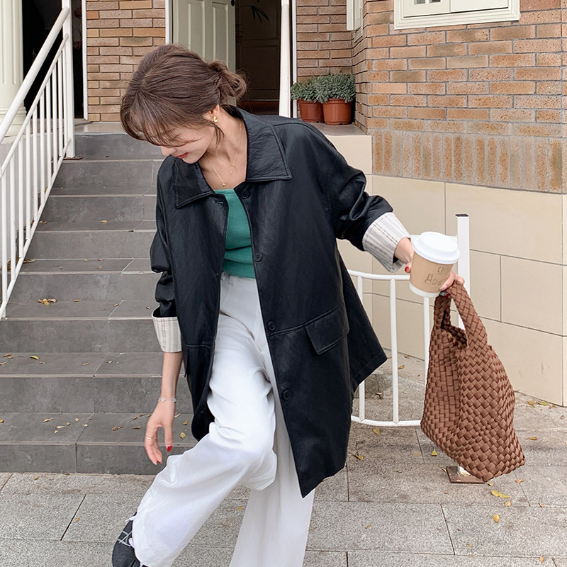 袖口拼接黑色皮衣外套女2025春季新款高级感简约宽松中长款上衣潮图片