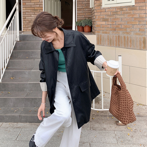 袖口拼接黑色皮衣外套女2025春季新款高级感简约宽松中长款上衣潮图片