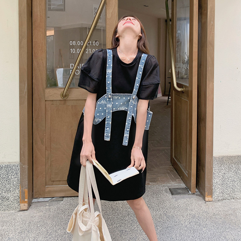 休闲宽松黑色t恤连衣裙女夏2025年新款牛仔小吊带裙子假两件套装,女装连衣裙,浙宝152