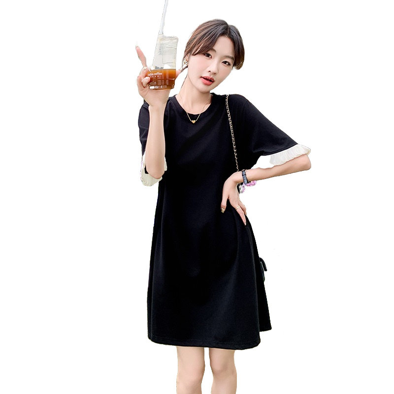 韩版时尚简约黑色连衣裙女夏2025新款小个子显瘦气质高级感T恤裙,女装连衣裙,浙宝152