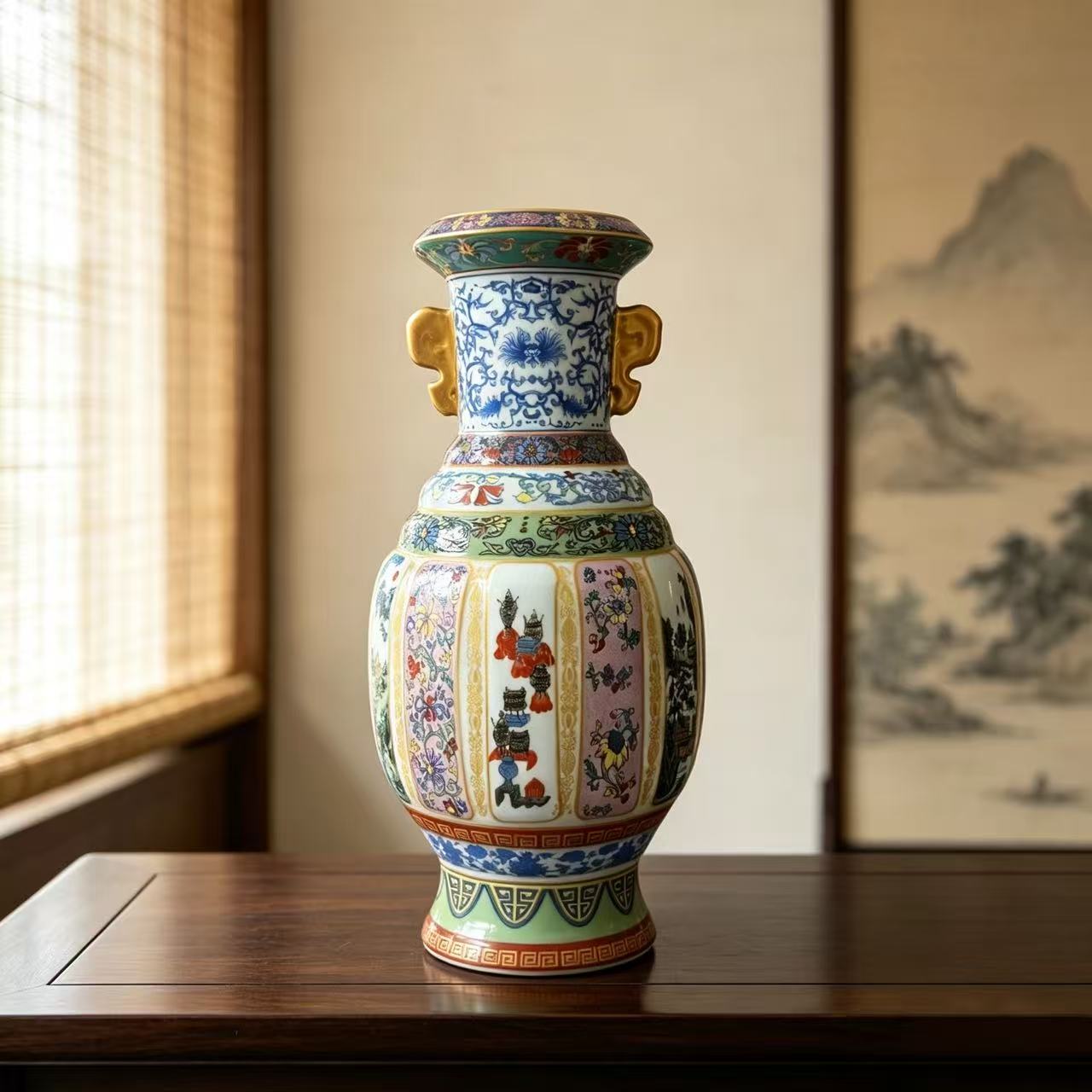 清雍正仿古手绘珐琅彩老瓷器景德镇陶瓷双耳花瓶博古架办公室摆件