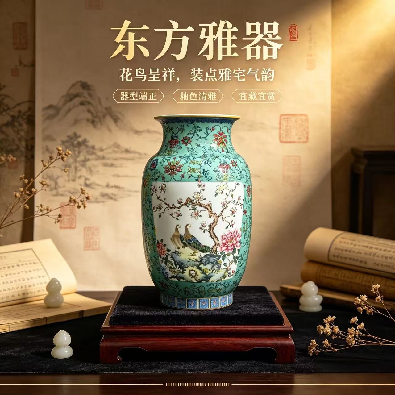 乾隆仿古手绘花鸟老瓷器景德镇陶瓷花瓶客厅插花博古架玄关大摆件