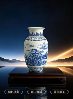 仿古手绘青花冬瓜瓶景德镇陶瓷花瓶家居客厅插花博古架办公室摆件