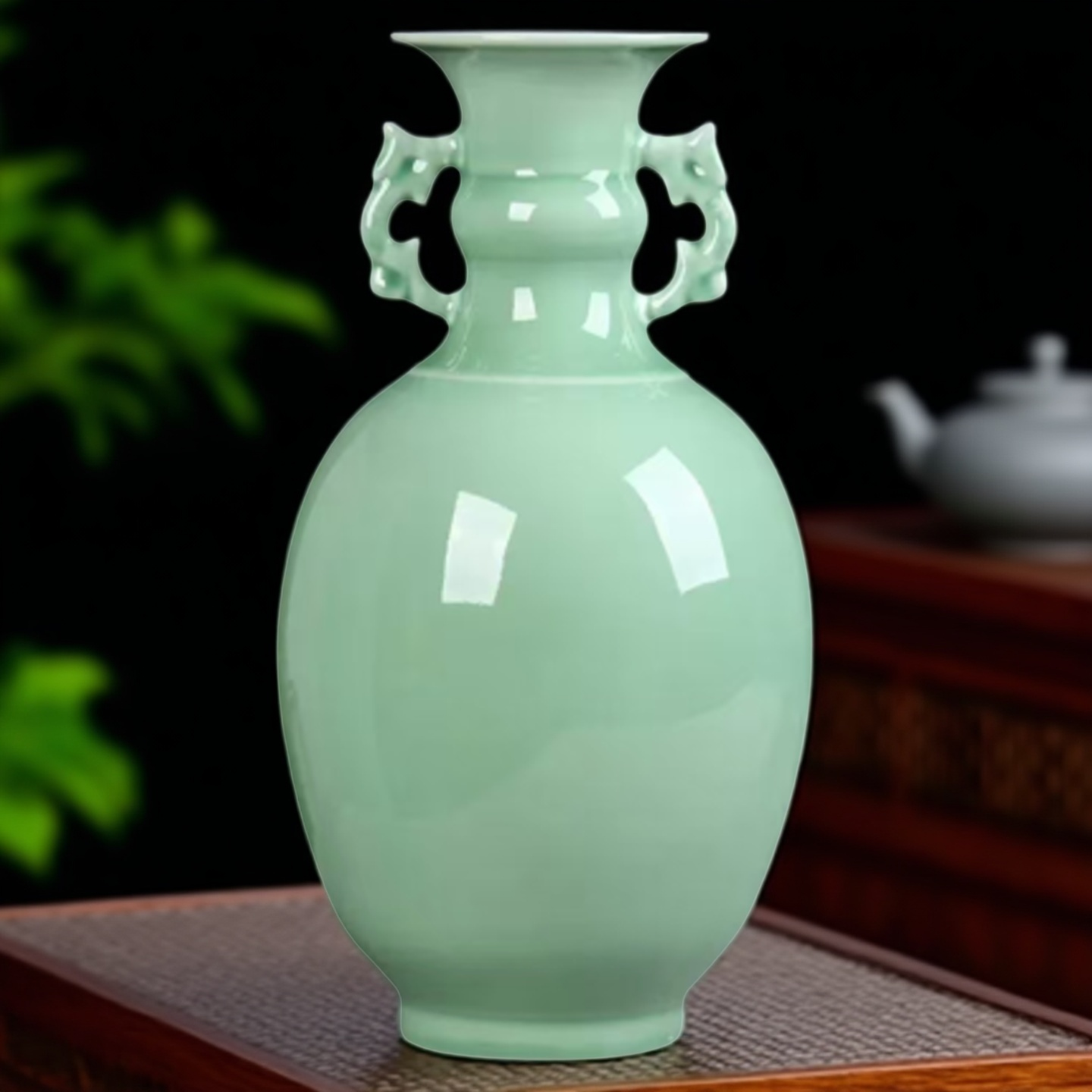 景德镇陶瓷器青釉花瓶仿古官窑双耳瓶摆件中式简约家居客厅装饰品