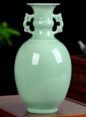 景德镇陶瓷器青釉花瓶仿古官窑双耳瓶摆件中式简约家居客厅装饰品