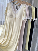 春夏短袖 睡裙螺纹棉家居睡衣甜美V领蕾丝带杯垫舒服中长裙子92704