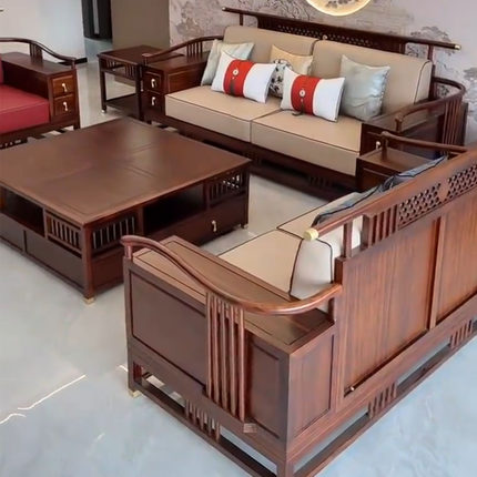新中式乌金木家用别墅客厅禅意实木简约沙发组合全套家具全屋定制
