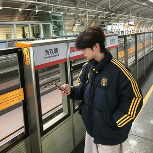 美式潮牌条纹三条杠羽绒棉服男冬季爆款设计感加厚保暖面包服外套
