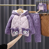 女童三层加厚夹棉珊瑚绒睡衣套装 冬季 新款 法兰绒女孩保暖家居服