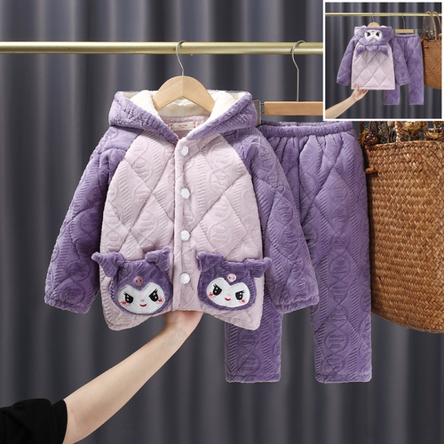 冬季新款女童三层加厚夹棉珊瑚绒睡衣套装法兰绒女孩保暖家居服