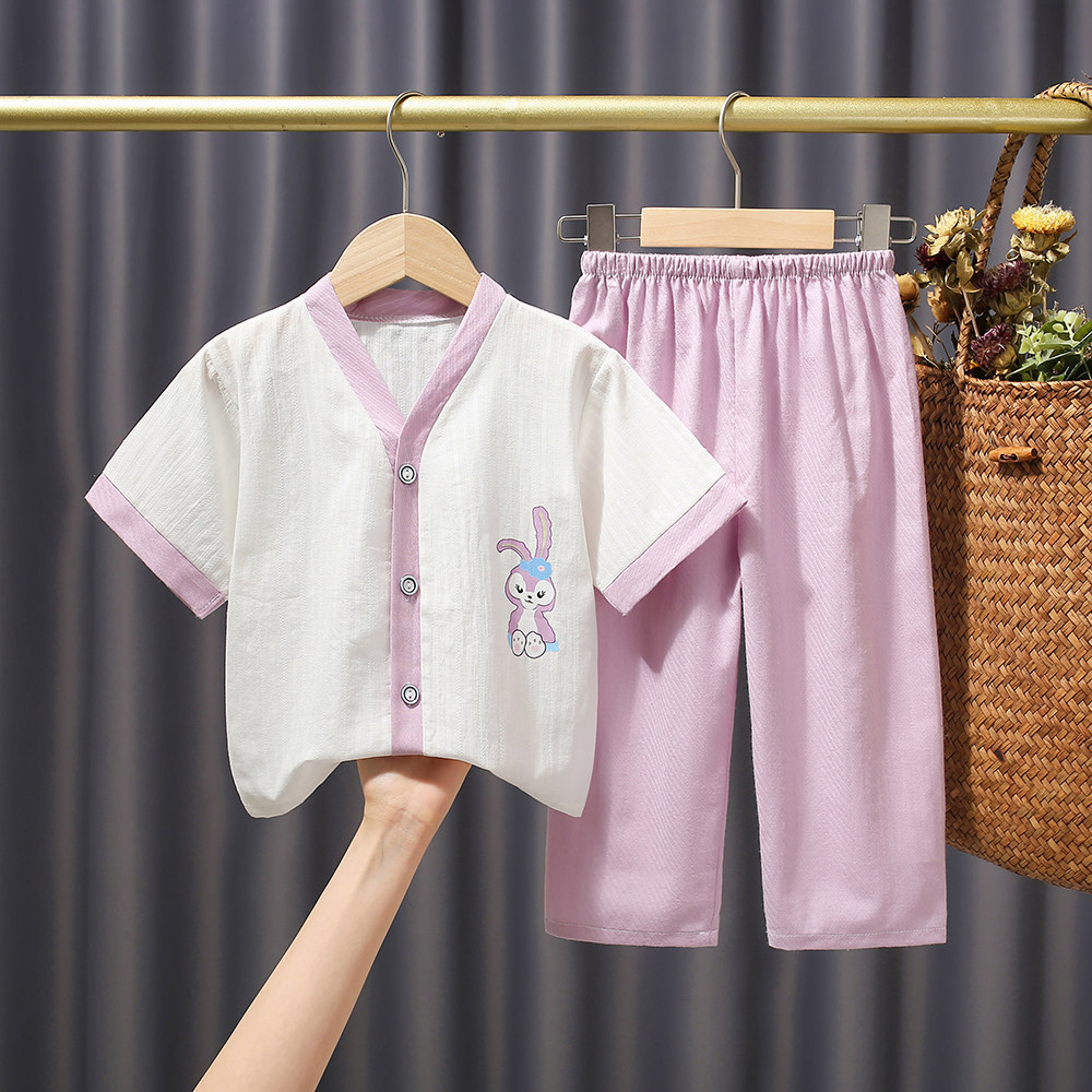 男童女童春夏季纯棉纱空调家居服套装小孩纱布短袖长裤儿童睡衣