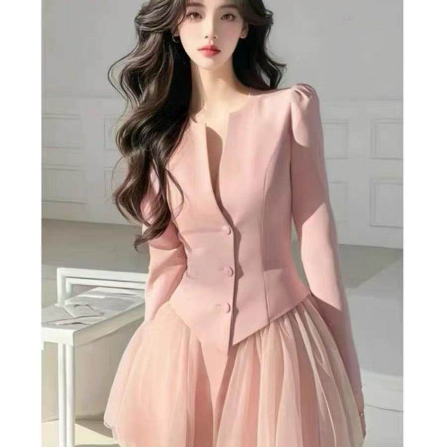 法式小香风千金高级感收腰开衫上衣网纱短裙两件套装裙女春季新款