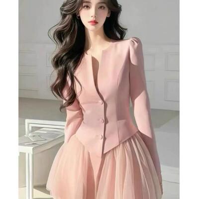 法式小香风千金高级感收腰开衫上衣网纱短裙两件套装裙女春季新款